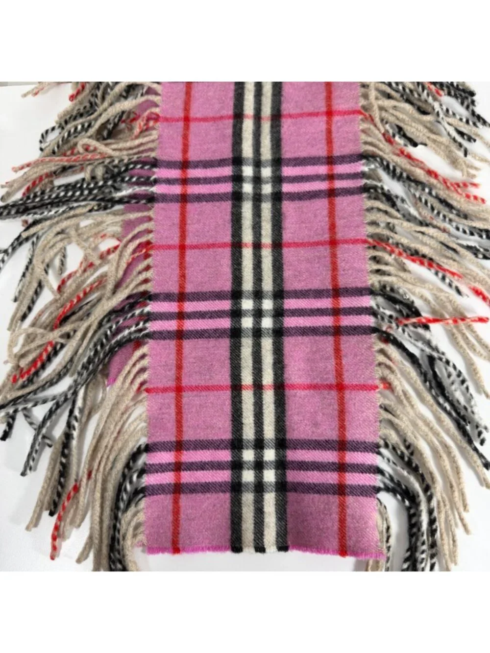 Burberry 100% Cashmere Pink Nova Check Fringe Scarf *READ*
